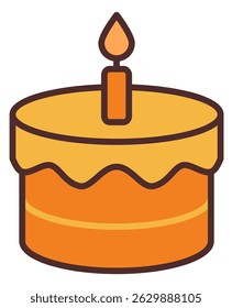 A simple illustration of a birthday cake with a single lit candle on top.