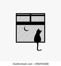 simple illustration of a black cat sitting at the window looking at the moon