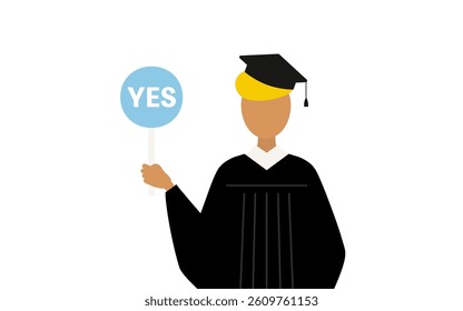 Simple illustration of a black male graduate in a graduation gown and square cap holding a yes-no stick, Vector Illustration