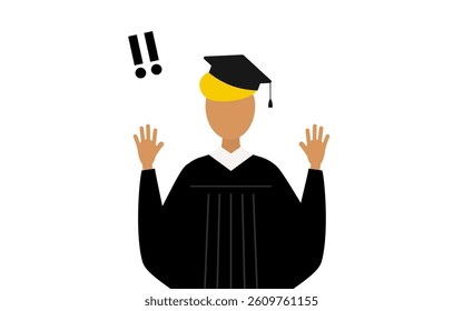 Simple illustration of a black male graduates in graduation gowns and square caps raising his hand in surprise, Vector Illustration