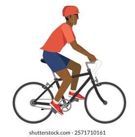 Simple illustration of a black man wearing a helmet in sportswear riding a bicycle, white background.