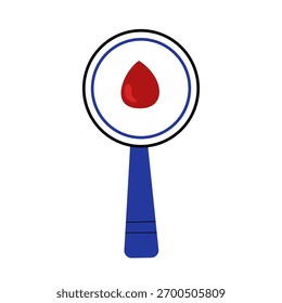 Ilustración simple de una gota de sangre dentro de un círculo con un mango. Concepto médico, de salud o científico. Diseño limpio y minimalista con colores azules y rojos sobre fondo blanco.