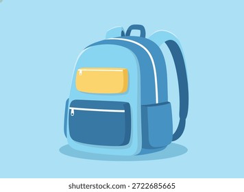 Una ilustración simple de una mochila azul con un bolsillo amarillo y un bolsillo delantero azul oscuro.