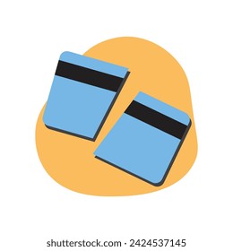 A simple illustration of a blue bank card cut in half, the concept of a rejected payment or damaged bank card.