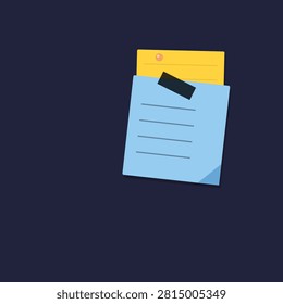 A simple illustration of a blue document clipped with a yellow sticky note on a dark background