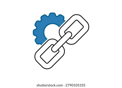 A simple illustration of a blue gear behind a white chain link on a pure white background, in a modern minimalist style with clean lines and basic shapes. Seo backlink building concepts. EPS-10.