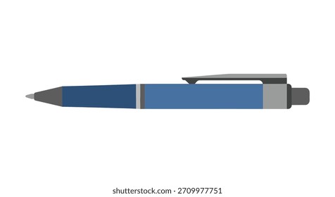 Una ilustración simple de un bolígrafo azul y gris que se encuentra horizontalmente sobre un fondo blanco liso, perfecto para diseños relacionados con la oficina o la escuela