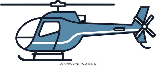 A simple illustration of a blue helicopter with black rotor blades and tail rotor, isolated on a white background.