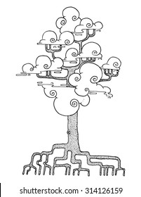 simple illustration Bonzai with clouds tree of life