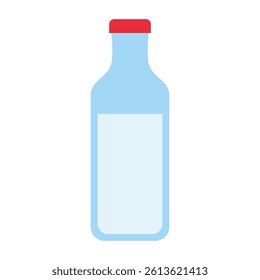 Simple illustration of a bottle with a red cap, filled with a light blue liquid up to about three-quarters of its height.