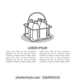 Simple illustration with bottles of milk and text, poster design. Dairy products, background vector. Black and white hand drawn backdrop. Decorative wallpaper, good for printing