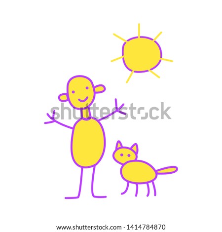 Simple illustration: boy, cat and sun