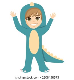 Simple illustration with a boy in a dinosaur costume on Halloween party. Child wearing dino disguise isolated on white background