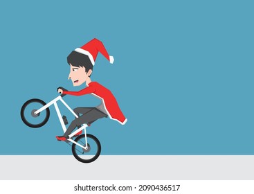Simple illustration of boy with Santa Claus costume and riding bike