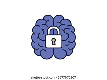 Uma ilustração simples de um cérebro com um cadeado, simbolizando a proteção da saúde mental. O design é limpo, moderno e adequado para várias plataformas digitais.
