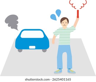 Simple illustration of a broken-down car emitting smoke and a driver warning with a flare