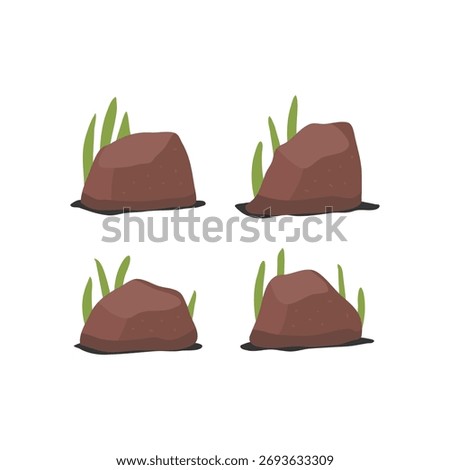 Simple illustration of brown rocks with green grass sprouting around them, resting on a dark base. Perfect for nature, garden, landscaping, outdoor, or eco-themed design projects.