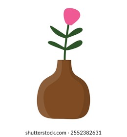 Una ilustración simple de un jarrón marrón con una sola flor rosa. La flor tiene un tallo y hojas verdes, ofreciendo un contraste simple pero vibrante, ideal para decoración y temas botánicos