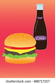 Simple illustration of burger and soda. Flat design.  Vector poster of fast food