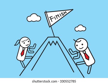 simple illustration of business man and business woman climbing up the mountain to achieve success.