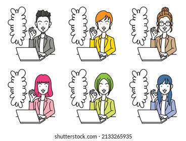 Simple illustration of business people with various hairstyles signing OK in front of a laptop computer.