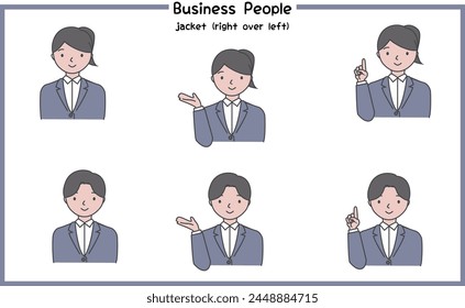 simple illustration of business people wearing jacket buttoned right over left ( black hair , no tie)  1-3