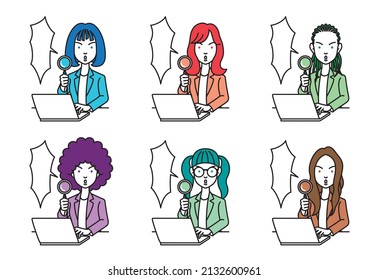 Simple illustration of a business person with various hairstyles holding a magnifying glass in front of a laptop computer.