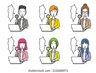 Simple illustration of a business person with various hairstyles holding a magnifying glass in front of a laptop computer.