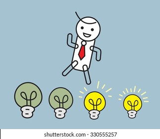 simple illustration of Businessman jump on light bulbs, Idea concept.