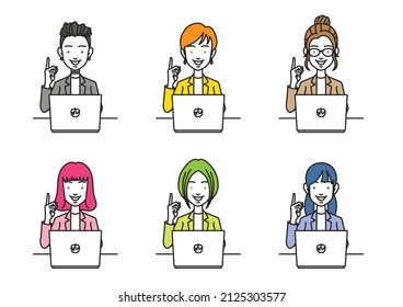 A simple illustration of a businessperson with various hairstyles posing in front of a laptop computer, holding up an index finger.