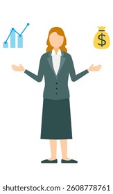Simple illustration of businesswoman in business suit analyze sales and graphs, Vector Illustration