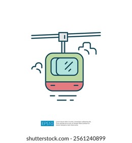 A simple illustration of a cable car, suspended from a cable, suggesting transport through mountainous or elevated areas.