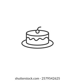 A simple illustration of a cake with outline frosting, a single cherry topping, and served on a plate. Ideal for themes relating to baking, desserts, celebrations, or minimalistic graphic designs.