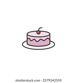 A simple illustration of a cake with pink frosting, a single cherry topping, and served on a plate. Ideal for themes relating to baking, desserts, celebrations, or minimalistic graphic designs.