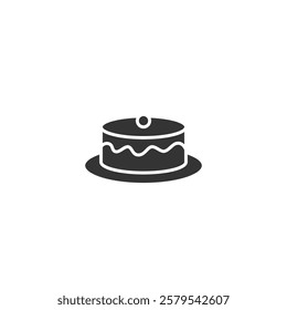 A simple illustration of a cake withsilhouettefrosting, a single cherry topping, and served on a plate. Ideal for themes relating to baking, desserts, celebrations, or minimalistic graphic designs.