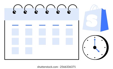 Simple illustration with a calendar, blue shopping bag and wall clock. Ideal for time management, scheduling, shopping organization, retail planning and business productivity. Minimalist vector style