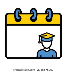 A simple illustration of a calendar with a student wearing a graduation cap and gown, symbolizing education and academic achievement