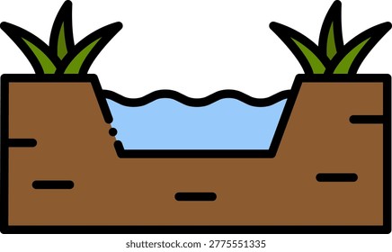 Simple illustration of a calm river flowing between earthy banks with grass.
