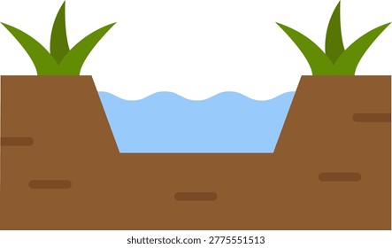 Simple illustration of a calm river flowing between earthy banks with grass.