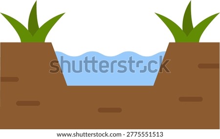 Simple illustration of a calm river flowing between earthy banks with grass.
