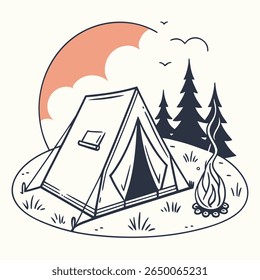 A simple illustration of a camping scene featuring a tent, campfire, trees, and birds in a minimalist, line art style.