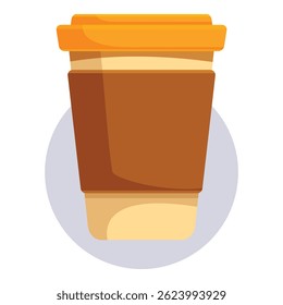 Ilustração simples de uma xícara de café de papelão com uma tampa e manga laranja, ideal para representar bebidas takeaway
