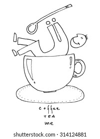simple illustration caricature man inside a cup coffee tea me