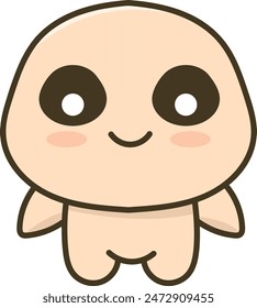 Simple illustration of a cartoon character with a round head, large black eyes, and a small smiling mouth.