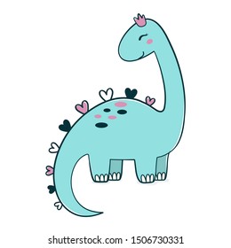 Simple illustration of cartoon dinosaur in crown, picture of cute brachiosaurus for any design. Best for kids dino party designs. Prehistoric Jurassic period character. Vector illustration isolated.
