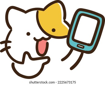 A simple illustration of a cat pointing at the screen while showing the smartphone to the other party, which can be used for websites, SNS, scenes showing a screen showing photos, etc