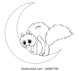 Simple illustration of a cat sits on crescent moon.
