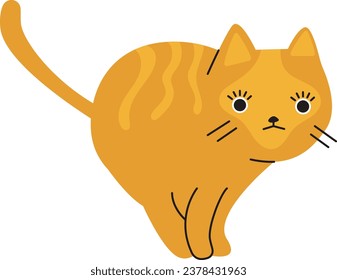 A simple illustration of a cat standing in a strange position with a strange expression on its face. It has red fur and stands out with beautiful stripes. Illustrations in a minimalistic style