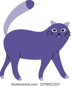 A simple illustration of a cat walking sideways and looking very pleased. the cat has blue fur and a bright appearance that gives the impression of joy and comfort. Illustrations in minimalistic style
