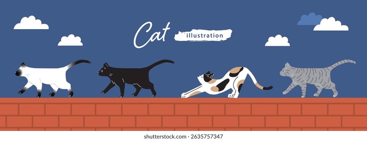 A simple illustration of cats walking on a fence